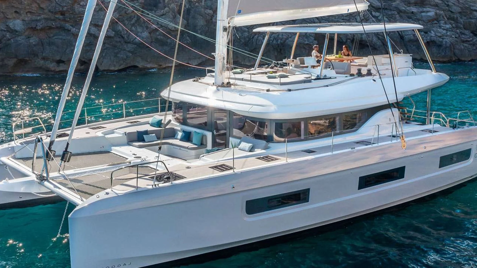 Luxury catamaran on clear water